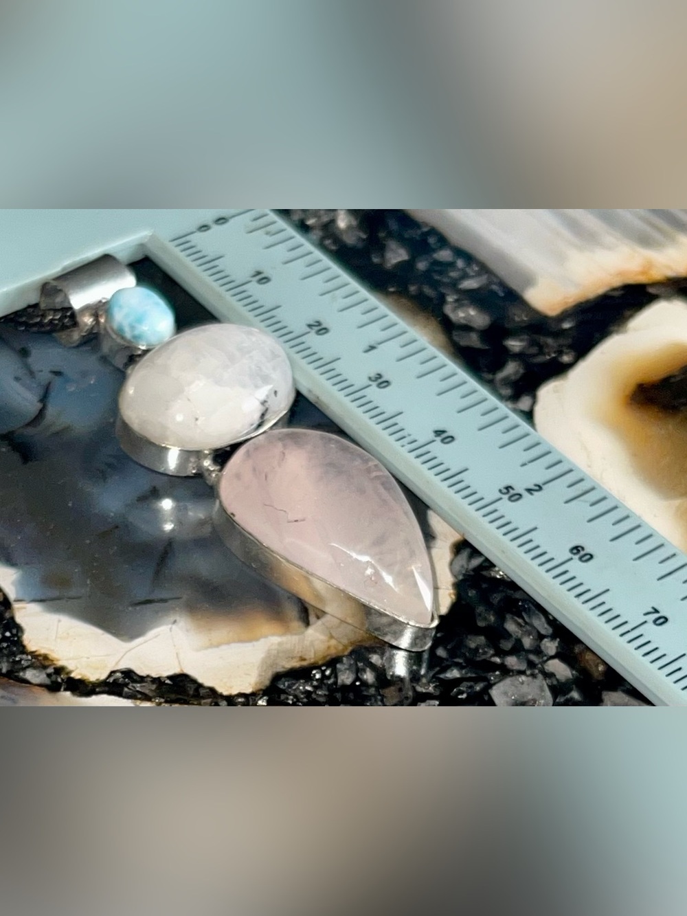 Petite Larimar, Rainbow Moonstone & Rose Quartz Crystal Pendant 2 1/2” - Picture 16 of 17